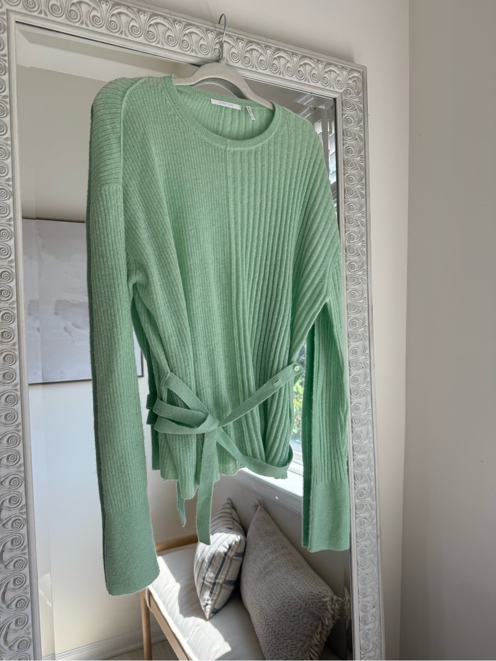 Helmut Lang Sweater Women Size M Belted Ribbed Crew Alpaca Blend Mint Green